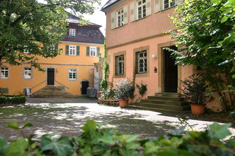 A harmonious courtyard with two colorful buildings, a flight of stairs, and green plants in the foreground.